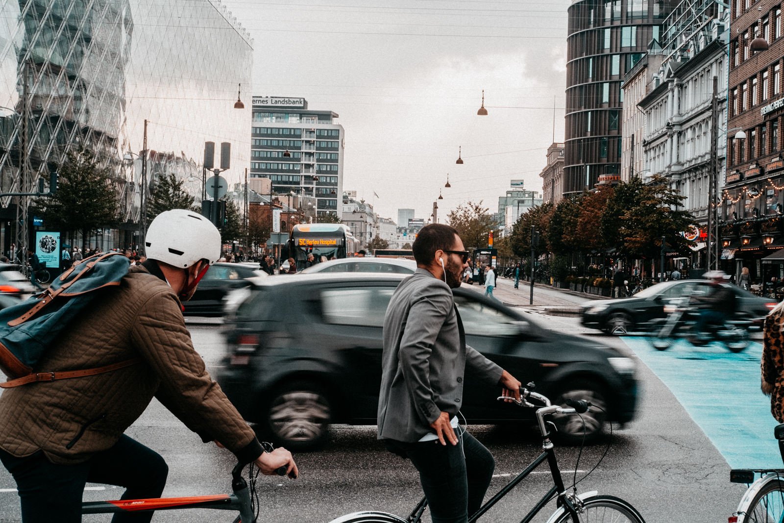 A busy Copenhagen street full of traffic