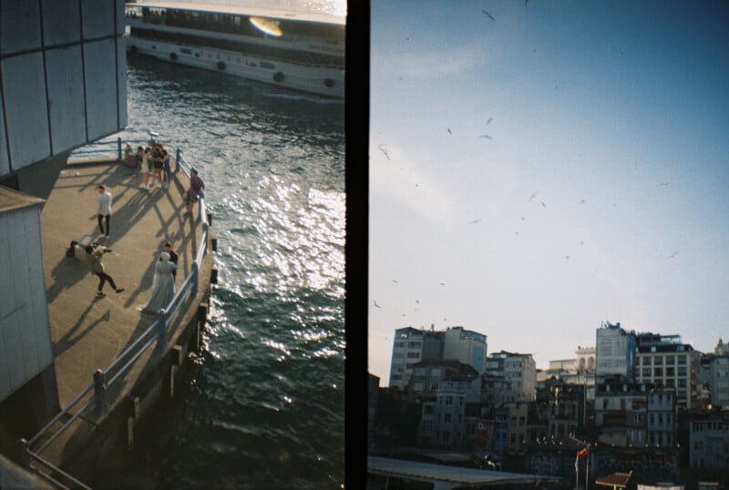 Two-panel image: Left shows people gathered on a sunny dock by the water, with a large ship in the background. Right features a clear blue sky filled with birds above an urban cityscape of buildings with varied architecture.