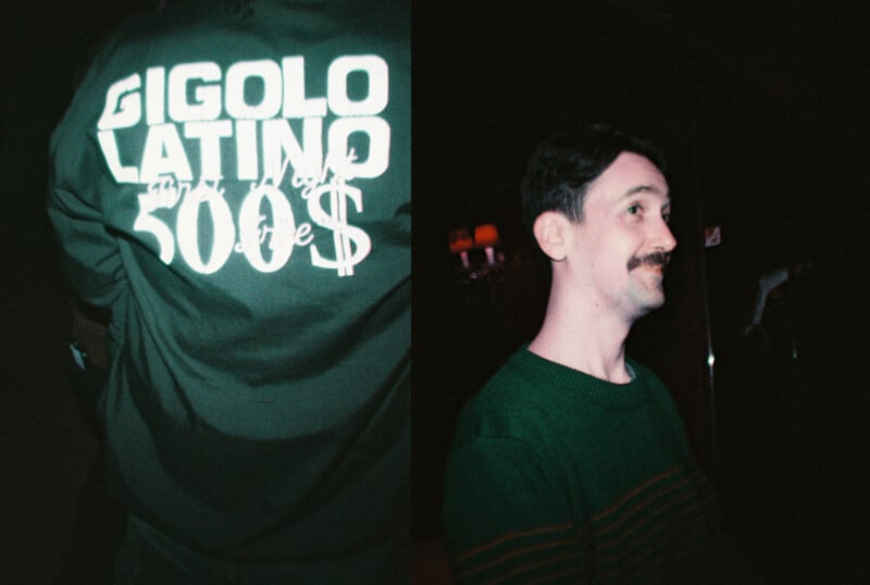 On the left, a jacket reads "GIGOLO LATINO 500$". On the right, a man with a mustache wearing a green sweater stands in profile, smiling in a dimly lit setting.