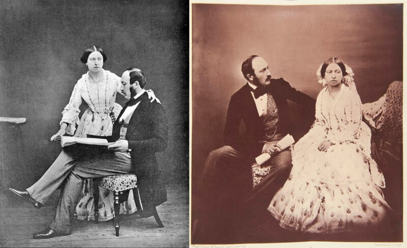 Two vintage photographs side by side. On the left, a woman stands beside a seated man holding a book. On the right, the same couple sits together, both with serious expressions. The man holds a rolled document. They wear 19th-century formal attire.