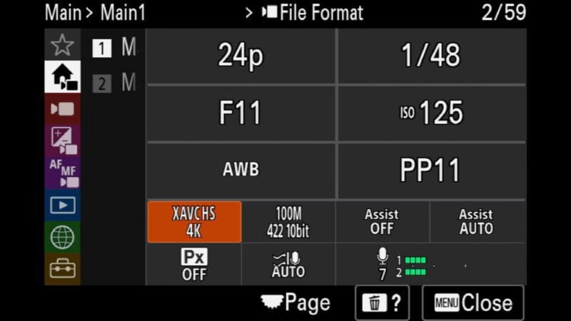 Camera settings screen displaying various options: frame rate 24p, shutter speed 1/48, aperture F11, ISO 125, AWB, profile PP11, recording format XAVC HS 4K. Other settings include audio, assist, and more on a black background.