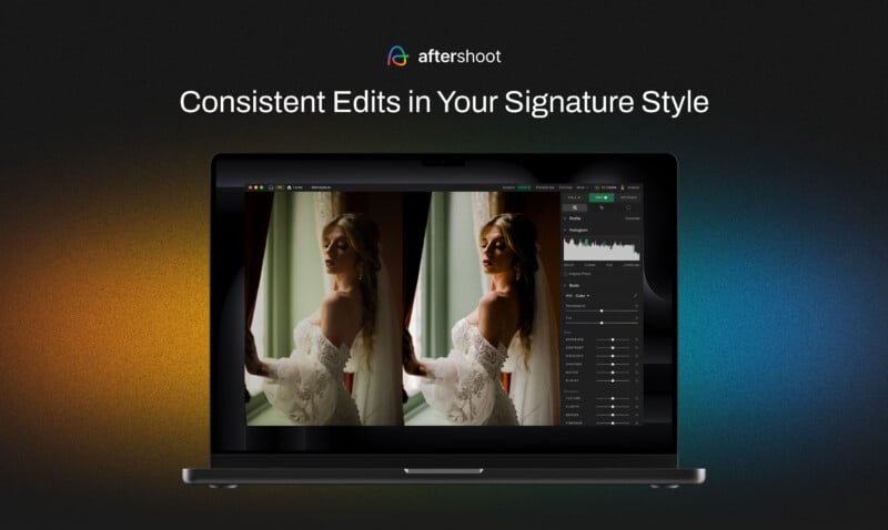 A laptop screen displays a photo editing software showcasing a before-and-after image of a woman in a wedding dress. The background is black with a subtle gradient. Text reads, "Consistent Edits in Your Signature Style" and "aftershoot" with a logo on top.