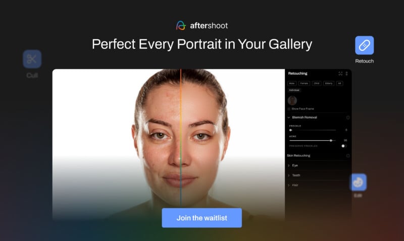 Screenshot of the Aftershoot website showing a portrait split between original and retouched versions, highlighting retouching features. The top text says "Perfect Every Portrait in Your Gallery," and a button at the bottom reads "Join the waitlist.