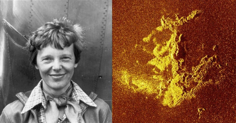 On the left, a black and white photo of a smiling person in a flight jacket. On the right, a grainy, sepia-toned image showing a textured, abstract pattern resembling a face.