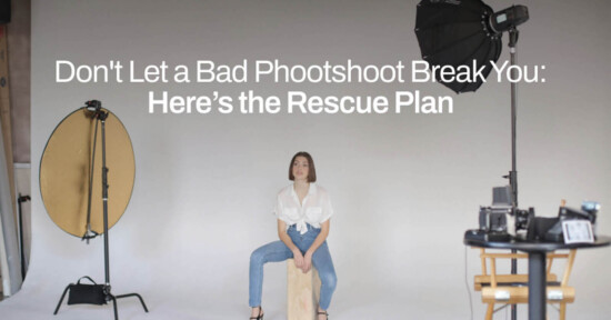 A woman sits on a wooden stool in a photography studio with white walls. She is surrounded by professional lighting and camera equipment. The text above her reads, "Don't Let a Bad Photoshoot Break You: Here’s the Rescue Plan.