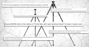 An image of four tripods on a cracked white background, overlaid with excerpts of frustrated customer comments about refunds and delivery issues concerning the Theta Max auto-leveling tripod.