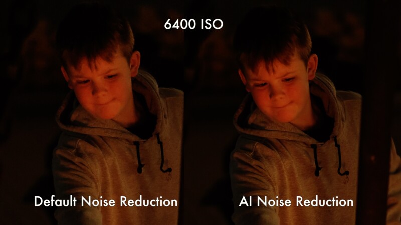 Comparison image of a boy in a hoodie at 6400 ISO. Left side shows the image with default noise reduction, appearing grainy and dark. Right side shows AI noise reduction, with a clearer and brighter image.