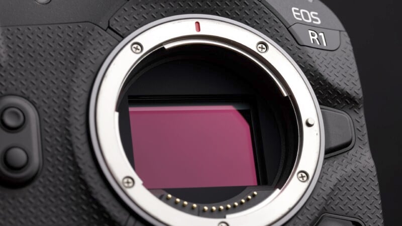 Close-up of a camera without a lens, showing the exposed sensor and mount. The camera body displays textured grips and the model marking "EOS R1" on the top right corner.