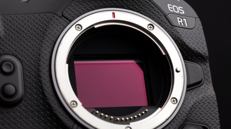 Close-up of a camera's open lens mount, showing the sensor inside. The camera body has a textured black surface with an "EOS R1" label at the top. The sensor has a pinkish hue with a metallic ring surrounding it.