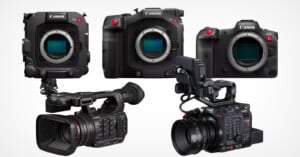 Five Canon digital cameras and camcorders are displayed, each varying in size and design. They feature interchangeable lenses, sensor housings, and various control buttons suitable for professional video and photography use.