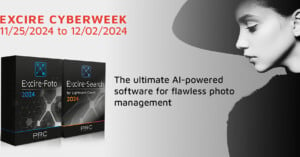 Ad for Excire Cyberweek sale featuring two software boxes, Excire-Foto 2024 and Excire-Search 2024. The text highlights AI-powered photo management, with sale dates from 11/25/2024 to 12/02/2024. A grayscale side profile of a person wearing a hat is shown.