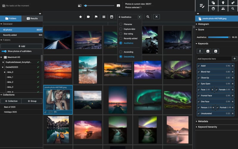 A screenshot of a dark-themed photo management application featuring a grid of colorful landscape and nature images. The interface shows options for sorting images and editing metadata, with thumbnails of various scenic photographs.