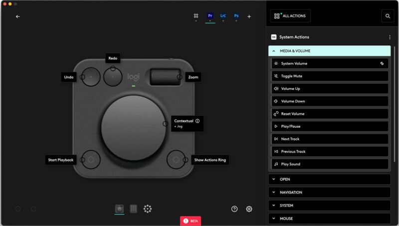 A dark interface screen showing a software application for customizing a device. The device has a large dial in the center with multiple buttons labeled "Redo," "Undo," "Zoom," "Contextual Menu," "Show Actions Ring," and "Start Playback." A menu on the right displays a list of actions under "MEDIA VOLUME," including "System Volume," "Toggle Mute," "Volume Up," "Volume Down," "Reset Volume," and more.