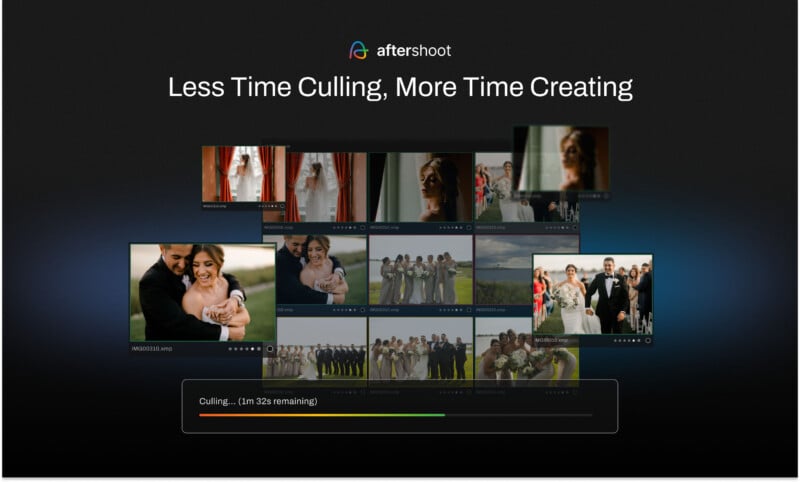 A promotional graphic for Aftershoot featuring multiple wedding photos and the tagline "Less Time Culling, More Time Creating." A progress bar at the bottom shows "Culling... (1m 32s remaining).