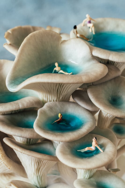 Miniature figures relax in pools of blue liquid, nestled within large, creamy mushroom caps. The composition creates a whimsical scene resembling natural hot tubs.