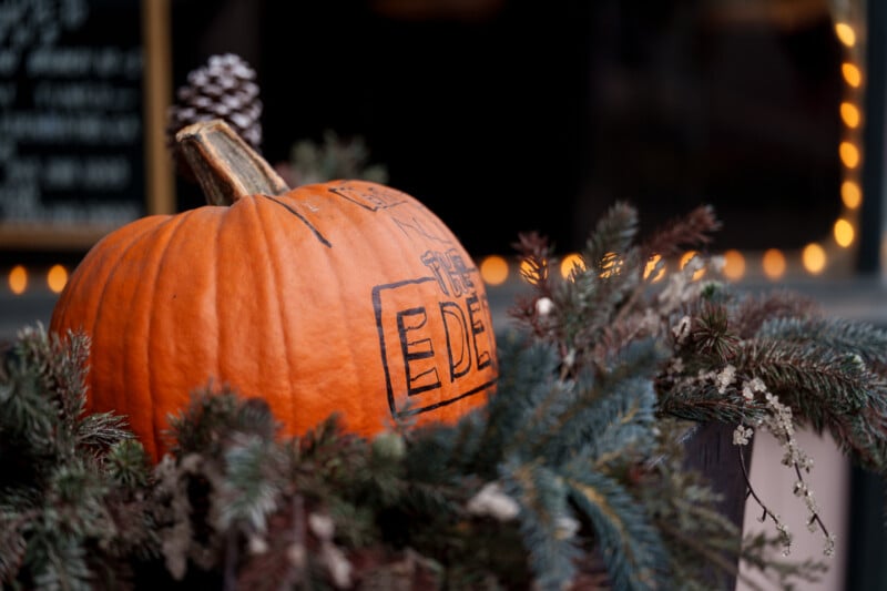 A carved pumpkin with "EDEN" written on it, set on a bed of pine branches, with a pinecone on top. Dimly lit surroundings and warm lights create a cozy atmosphere.