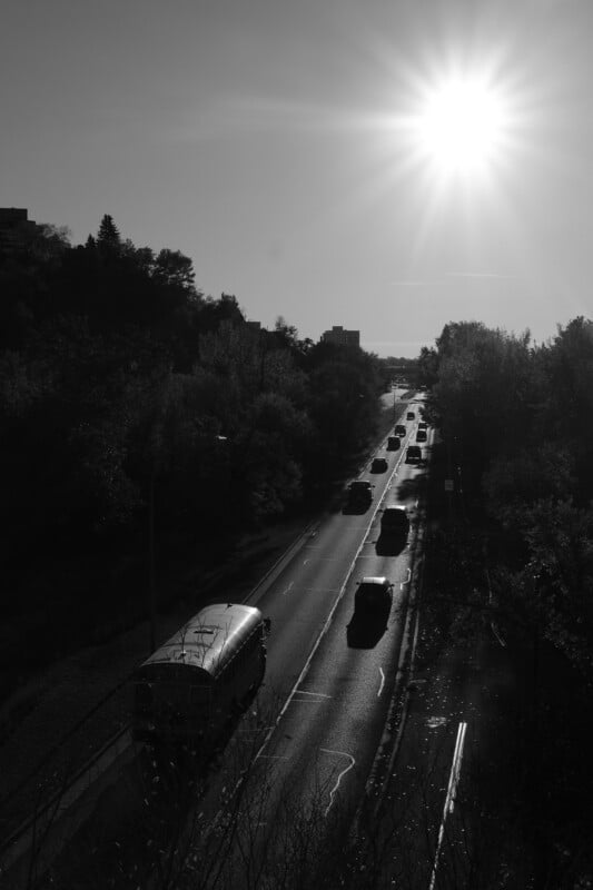 Black and white image of a road with vehicles moving in both directions under a bright sun. Trees line the road, and the landscape is slightly hilly. The sunlight creates strong shadows and highlights on the scene.