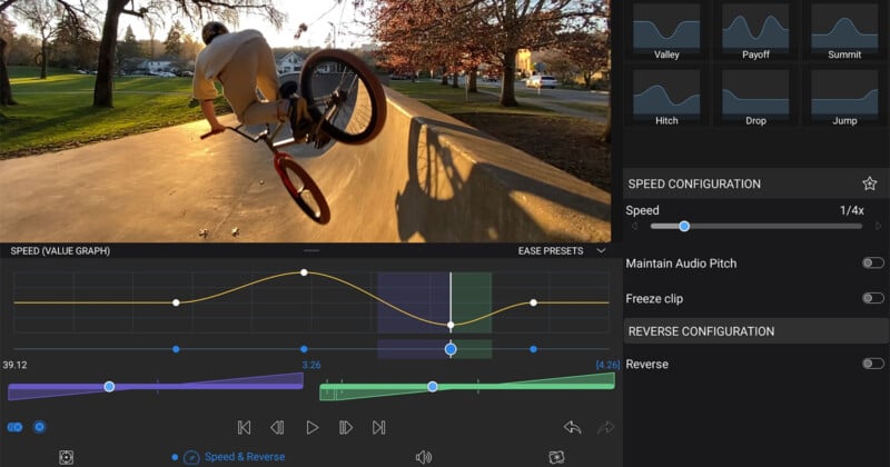 A person performs a BMX trick at a skate park during sunset. The image features editing software with speed and reverse settings, displaying graphs and options for video adjustments on the right side.