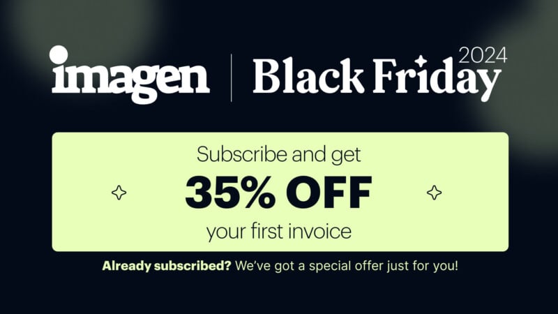 Promotional image for Imagen's Black Friday 2024 deal. It offers 35% off the first invoice for new subscribers, with a special offer available for existing subscribers. The background is dark with white and green text.