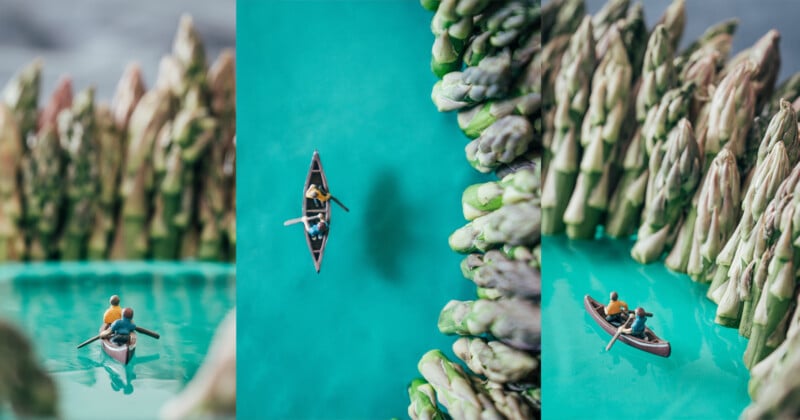 Miniature figures in a tiny boat paddle through a turquoise "lake" surrounded by asparagus spears resembling tall trees. The scene is depicted from three different angles, highlighting the whimsical nature of the setting.