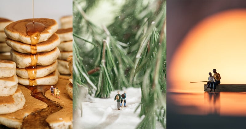 A whimsical collage featuring: a stack of pancakes with miniature people, two tiny figures walking through snow with pine branches overhead, and a miniature pair seated on a ledge overlooking a large sunset.