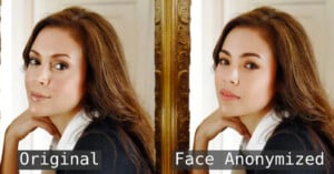 A woman is shown in two side-by-side images. The left image is labeled "Original," and the right is labeled "Face Anonymized," illustrating changes made to her facial features.