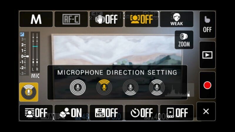 Camera settings interface displaying options like focus mode, microphone direction setting, and various on/off toggles. A landscape image is in the center, partially obscured by the settings overlay.