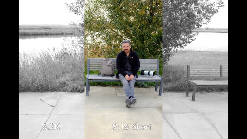 A man with gray hair and a beard sits on a park bench. He's wearing a black jacket and jeans, with a backpack to his right and camera equipment to his left. A pond and trees are in the background. The image is framed by black and white borders.