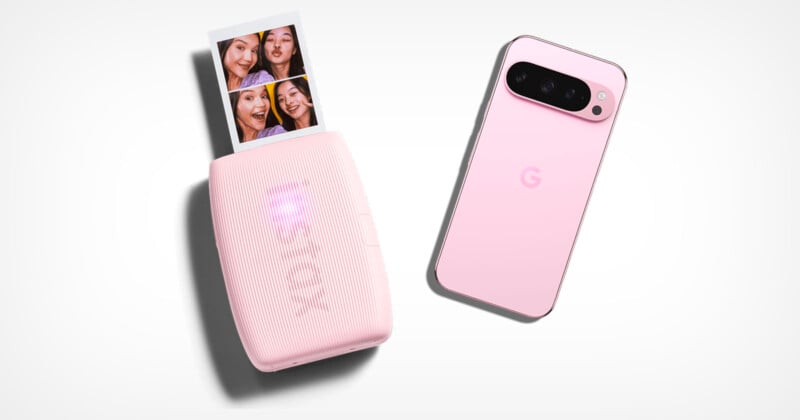 A pink smartphone with a "G" logo lies next to a compact pink photo printer. The printer is producing a strip of photo booth–style images featuring smiling faces. Both devices are set against a white background.