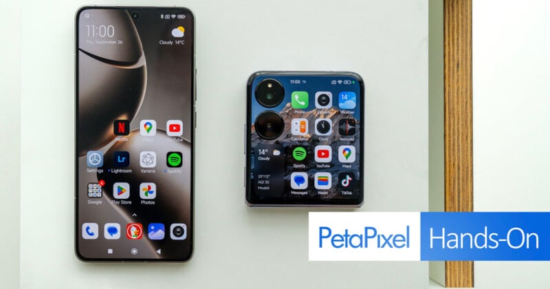 An image displays two smartphones: one unfolded on the left and another folded on the right, showing home screens with various app icons. The unfolded phone shows the time 11:00 and date Thursday, September 28. The image includes the "PetaPixel" and "Hands-On" logos.