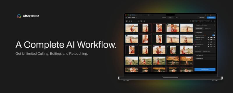 A laptop displaying photo editing software with various thumbnails of portraits. The text reads: "A Complete AI Workflow. Get Unlimited Culling, Editing, and Retouching." The background is dark with a logo in the top left corner.