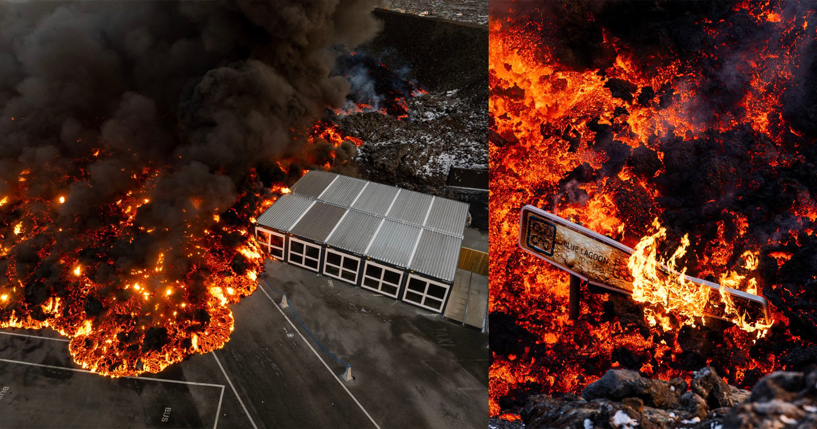 A large fire engulfs piles of scrap metal at a junkyard, producing thick black smoke. Inset shows a close-up of inflamed debris, including a partly melted traffic sign. A row of industrial buildings is nearby.