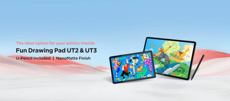 Three digital tablets are displayed against a desert-like background. The screens show colorful illustrations. Text reads: "The ideal option for your artistic friends, Fun Drawing Pad UT2 & UT3, U-Pencil Included, NanoMatte Finish." A stylus is nearby.