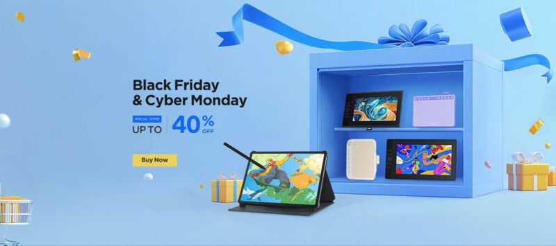 Promotional image for Black Friday and Cyber Monday offering up to 40% off on tablets and gadgets. Includes tablets and a stylus displayed, with gift boxes and a blue background.