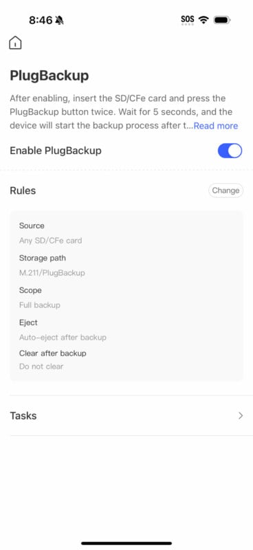 A screenshot of a mobile app interface for PlugBackup. The status bar shows the time (8:46), signal strength, and battery level. The screen has options to enable PlugBackup, change rules such as source, storage path, scope, and eject settings. Tasks section is empty.
