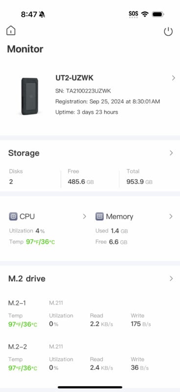 A screenshot of a mining rig monitoring dashboard, displaying system details such as disk space, CPU and memory usage, M.2 drives temperature and activity, and registration date. The screen, captured at 8:47, shows storage at 953.9 GB total, and CPU utilization at 4%.