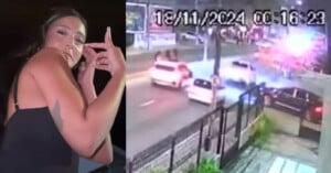 A woman in a black dress poses on the left side of the image. On the right, a street surveillance camera captures several cars and bright lights at night. The timestamp on the footage is 18/11/2024, 00:16:23.