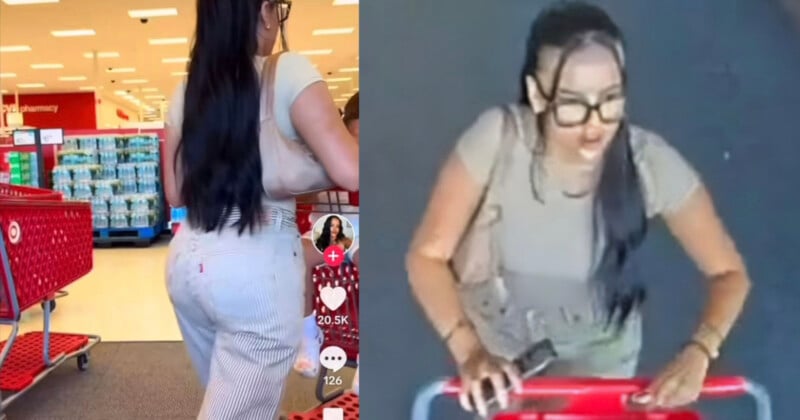 A woman with long dark hair, wearing glasses and a beige top, is pushing a red shopping cart in a store. The image shows a side view and a top view of her inside the store, with a shopping aisle visible in the background.