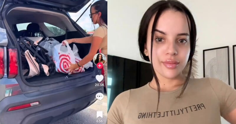 Split image: Left side shows a person loading shopping bags into a car trunk. Right side features a young woman in a beige shirt posing indoors.