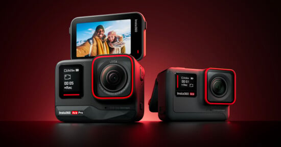 Two insta360 ace pro action cameras displayed against a red background, with one showing a man and woman in winter attire on its screen.