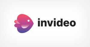 The image shows the InVideo logo, featuring a stylized gradient fish design in shades of pink and purple to the left of the word "invideo" in black lowercase letters on a white background.