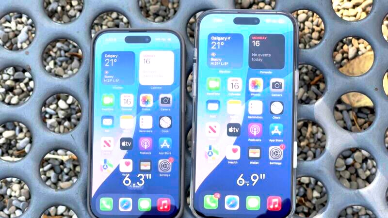 Two smartphones display their home screens with several app icons arranged in a grid. The phone on the left shows "6.3" and the one on the right shows "6.9", indicating screen size. Both show the date, "Monday 16", and a weather widget stating "Calgary 21°C".