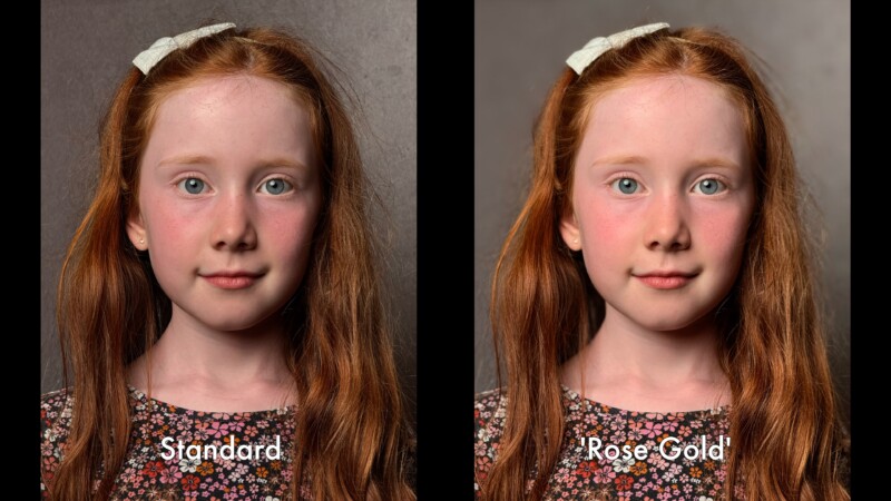 A side-by-side comparison of two portrait photos of a young girl with long red hair, wearing a floral dress and a hair bow. The left photo is labeled "Standard" and the right photo is labeled "Rose Gold." The "Rose Gold" image has a warmer tint.