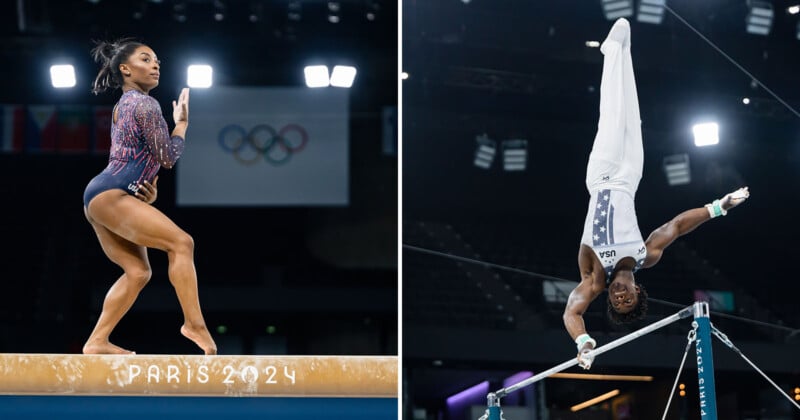 Split image of two gymnasts performing at the Paris 2024 Olympics. On the left, a gymnast balances on a beam, wearing a leotard. On the right, another gymnast executes a handstand on the high bar, dressed in a sleeveless top and pants.