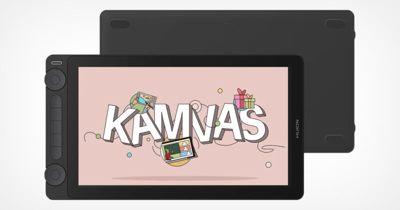 A digital drawing tablet with a colorful display showing the word "Kamvas" surrounded by artistic icons. The tablet features buttons on the side and has a sleek, modern design.