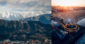 A split image features the iconic Hollywood Sign on a mountain with snowy peaks in the background on the left. On the right, a brightly lit Ferris wheel sits on a pier at the shoreline during sunset.