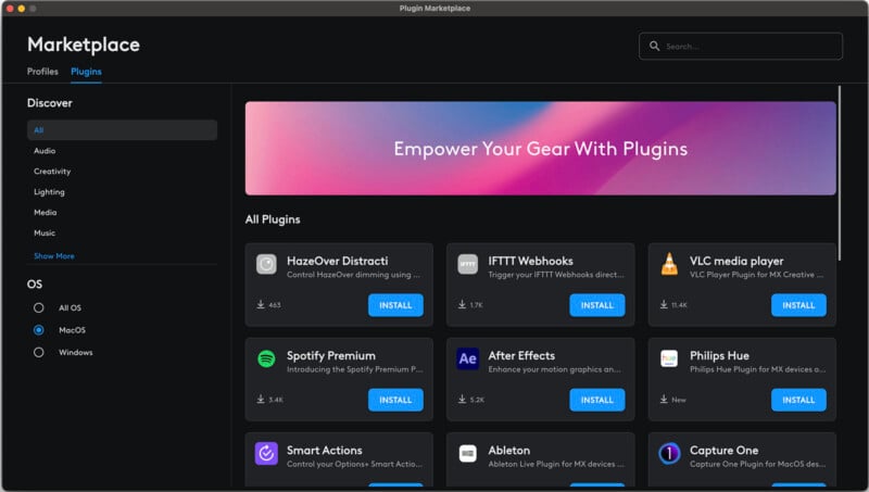 A screenshot of the Plugin Marketplace application window showing plugins for various tasks. A highlighted message reads "Empower Your Gear With Plugins." Plugins listed include HazeOver, IFTTT Webhooks, VLC media player, Spotify Premium, After Effects, and more. Install buttons are visible.