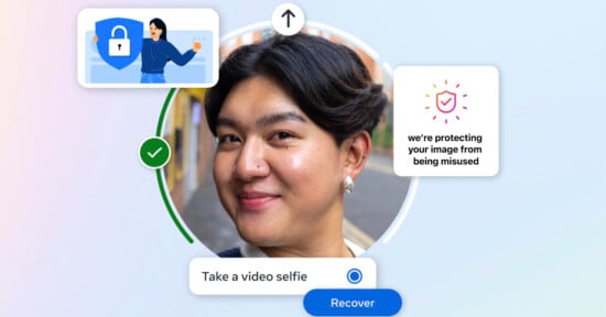 A person is smiling outdoors. Illustrated icons show a lock, a shield, and a check mark. Text reads "we're protecting your image from being misused." Below is a prompt to "Take a video selfie" with a "Recover" button.