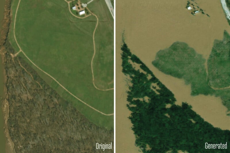 Side-by-side comparison of aerial images: the left shows grassy land with a few buildings labeled "Original," while the right depicts the same area largely submerged in water, labeled "Generated," suggesting flooding.