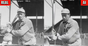 Side-by-side black and white images of a baseball player holding a bat. The left is labeled "Real" and the right "AI," showing subtle differences in posture and expression. The player is wearing a vintage uniform and cap, with a stadium in the background.